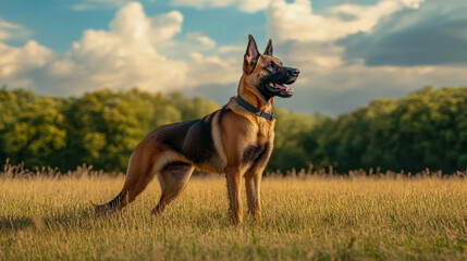 Belgian Malinois standing alert in an open field with a vibrant blue sky and clouds