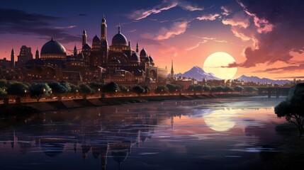 Fototapeta premium Sunset over river city, mountains backdrop, fantasy illustration, game design