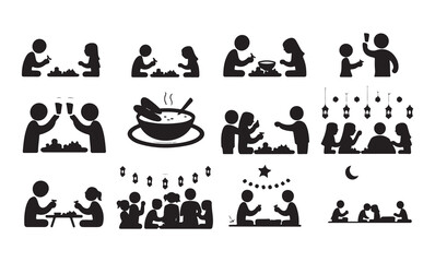 Muslim family sitting together at the dining table. Pray before breaking the fast. Ramadan Kareem concept. The Seder table Ramadhan