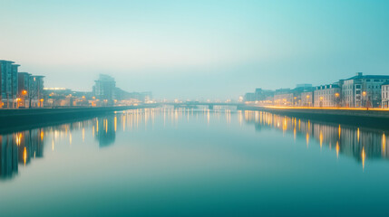 Obraz premium Foggy morning over river, fog covering the city center, fog blending with reflections of buildings and city lights, creating a serene and atmospheric scene