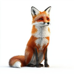 Red fox with a bushy tail sitting in the snow, placed on a bright white background