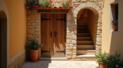 Weathered oak door with iron knocker in a charming Tuscan village