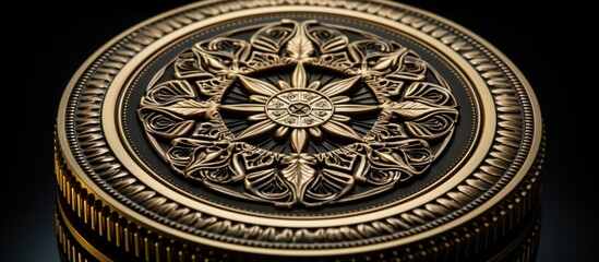 Obraz premium Ornate gold coin detail, dark background, luxury packaging
