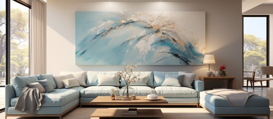 Modern living room, sectional sofa, ocean view, abstract art, home decor