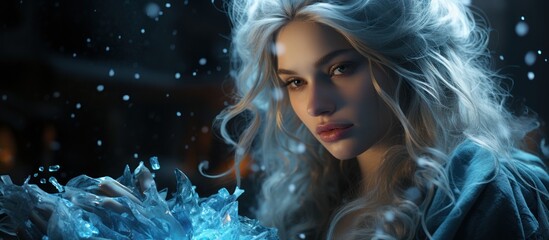 Woman controls ice, night scene, snowing background, fantasy art