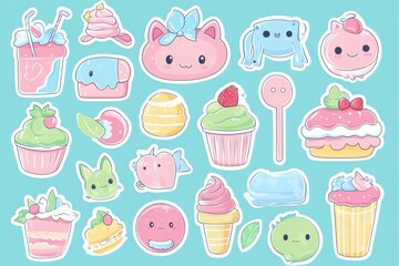 Cute pastel kawaii dessert stickers; sweet treats collection