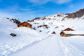 Winter landscape on the First mountain in Swiss Alps, Grindelwald ski resort, Switzerland