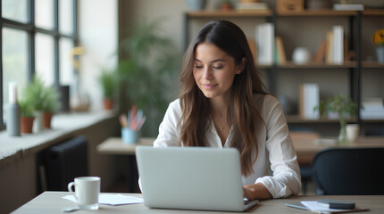 Fototapeta premium a woman sits at a laptop in the office