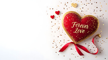 ? Heart-shaped Valentine?s Day card with "Forever Love" message and gold accents isolated on white background in HD