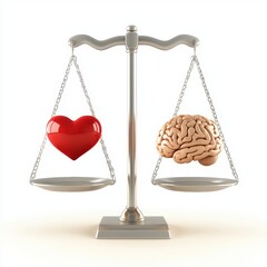 Scale balancing a red heart on one side and a glowing brain on the other, placed on a bright white background