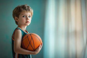Young caucasian boy holding basketball near window in sports jersey