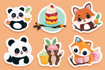 Cute animal stickers panda, fox, cupcakes, dessert, pastel background, for kids' crafts