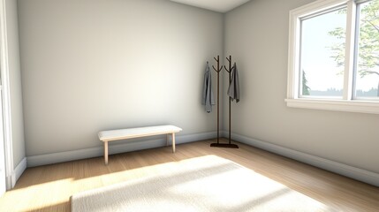 Bright Minimalist Room Interior with White Walls and Wooden Floor