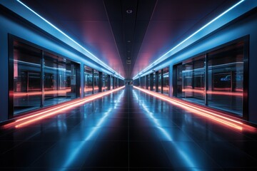 Fototapeta premium Futuristic neon corridor, vibrant lights, reflective floor, data center background, tech presentation