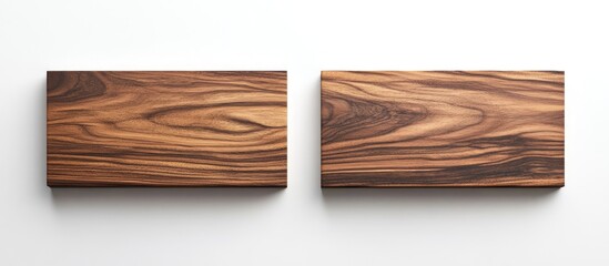 Two rauros wood signs with rich brown tones and unique grain patterns positioned symmetrically on a clean white background under soft lighting.