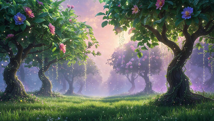Glowing flowers hanging from trees in magical forest at sunset
