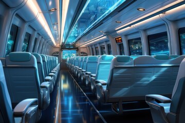 Naklejka premium Futuristic train interior, city night view, empty seats, transportation design