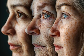 Three generations of caucasian women: faces showing age progression and diverse skin textures