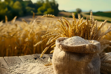 Wheat flour in bag with ears on golden field background. Powdered product from wheat. Rustic textures of grains and ears for nature and nutrition