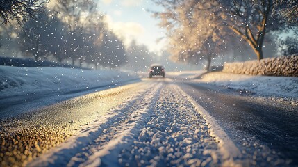 Snowy Country Road with a Car on a Winter Day Close-Up