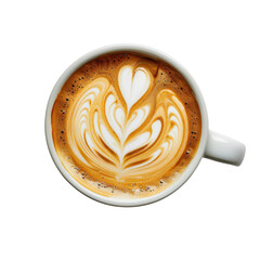 A beautifully crafted latte with intricate foam art, served in a white cup. Perfect for coffee enthusiasts and latte art appreciators.