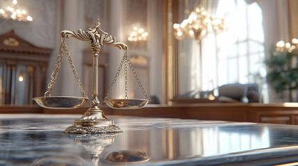 Fototapeta premium 3D Illustration Justice Scales, Courtroom, Law, Legal System, Judgment, Balance, Courthouse, Trial, Lawyer, Attorney