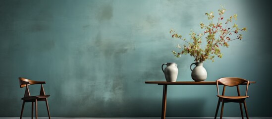 Teal wall room chairs table vase flowers