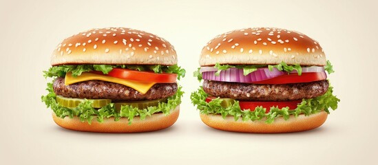 Stacked veggie burgers with cheddar and onions on sesame buns, garnished with lettuce and tomatoes, showcasing vibrant colors and textures.