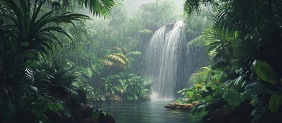 Lush green foliage surrounds a serene waterfall cascading into a tranquil pool with gentle rain creating a peaceful tropical atmosphere