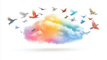 Colorful birds flying from rainbow cloud, white background, freedom concept