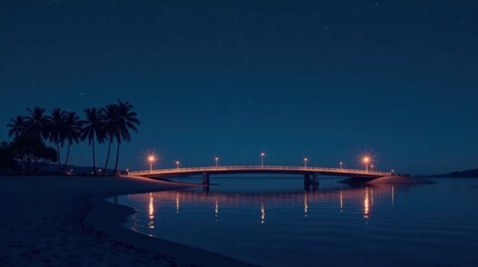 Serene Nightscape Illuminated Bridge Arching Over Tranquil Waters, Palm Trees Silhouetted Against Starry Sky