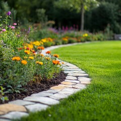 Curved Stone-Edged Flower Bed with Mixed Perennials Elegant Landscaping Design for Premium Outdoor Spaces and Eco-Friendly Garden Solutions