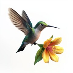 Small hummingbird hovering near a flower, centered on a clean white background