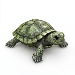 Obraz premium Small turtle with a green shell and tiny black eyes, placed on a bright white background