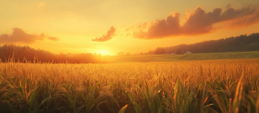 Golden sunset over a vast corn field with vibrant yellow-green crops in the foreground and a distant agri business farm under a soft orange sky - Powered by Adobe