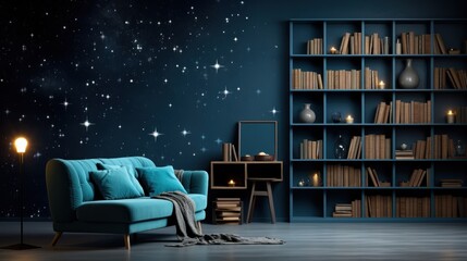Cozy teal sofa, starry night wall, bookcase, reading room, interior design