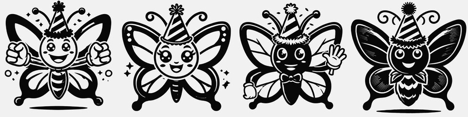 Four cheerful cartoon butterflies wearing party hats, each with unique expressions and poses, adding a whimsical touch to a festive theme.