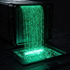 A glowing binary code waterfall flowing from a futuristic computer into a pool of light.
