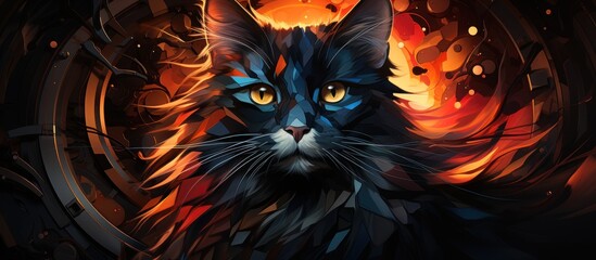 Fiery feline portrait, abstract tech backdrop, digital art, game asset