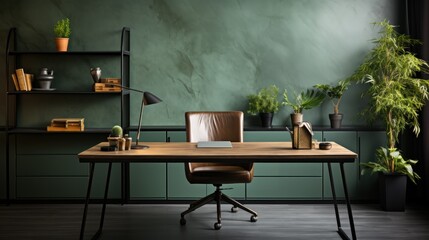 Modern home office, green wall, plants, desk, work