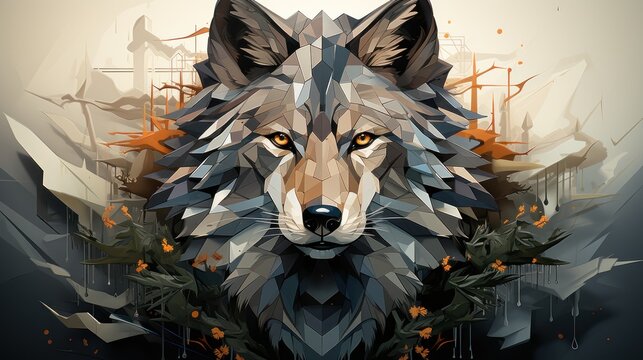 Majestic polygonal wolf portrait, mountainscape background, game art, fantasy illustration