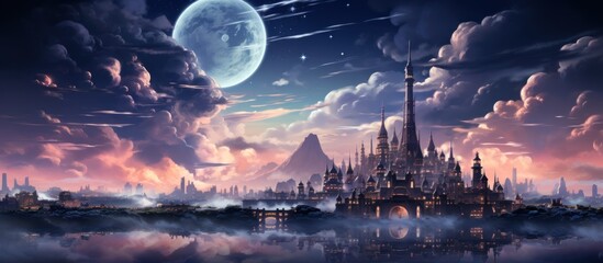 Fantasy castle city sunset, moonlit cloudscape, lake reflection; game, book cover