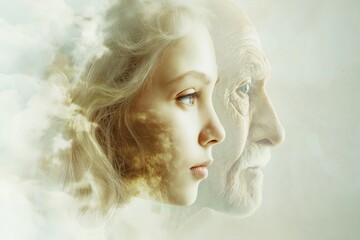Side profiles of young caucasian female and elderly caucasian male amidst clouds
