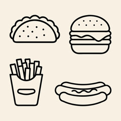 4 fast food icons drawn in line art