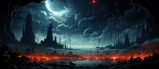 Nightfall dystopian city burning, moonscape background, fantasy art