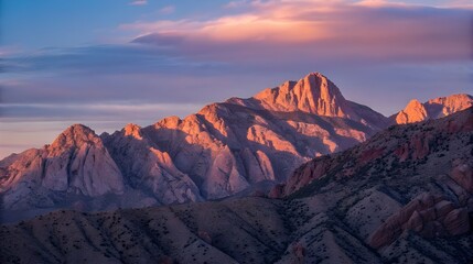 Naklejka premium A stunning view of the Rocky Mountains at sunset, with jagged peaks glowing in orange and purple hues. 