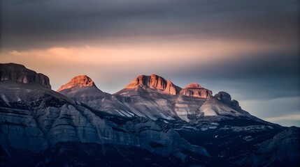 A stunning view of the Rocky Mountains at sunset, with jagged peaks glowing in orange and purple hues.
