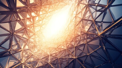 Abstract geometric structure with light emanating from the center, creating a futuristic effect.