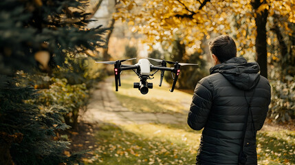 Naklejka premium Man flying drone in autumn park