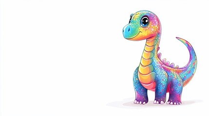 Obraz premium Rainbow dinosaur illustration, curious pose, white background, children's book